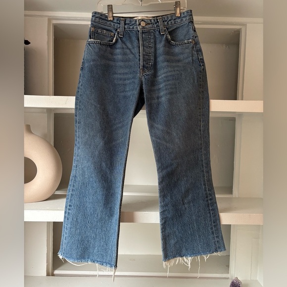 Reformation Mid Crop Flare Petite 26 Baltic Wash Frayed - Picture 1 of 6